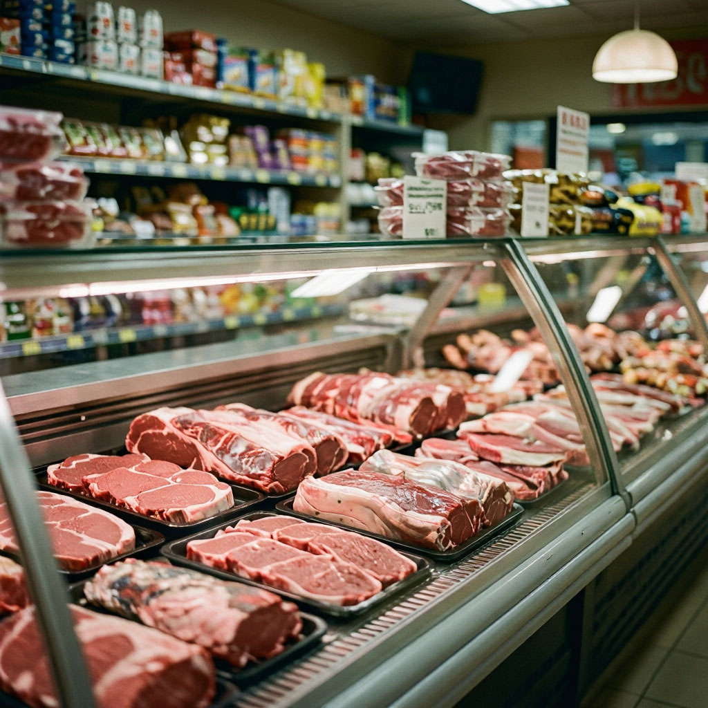 Прилавок с мясной продукцией в магазине