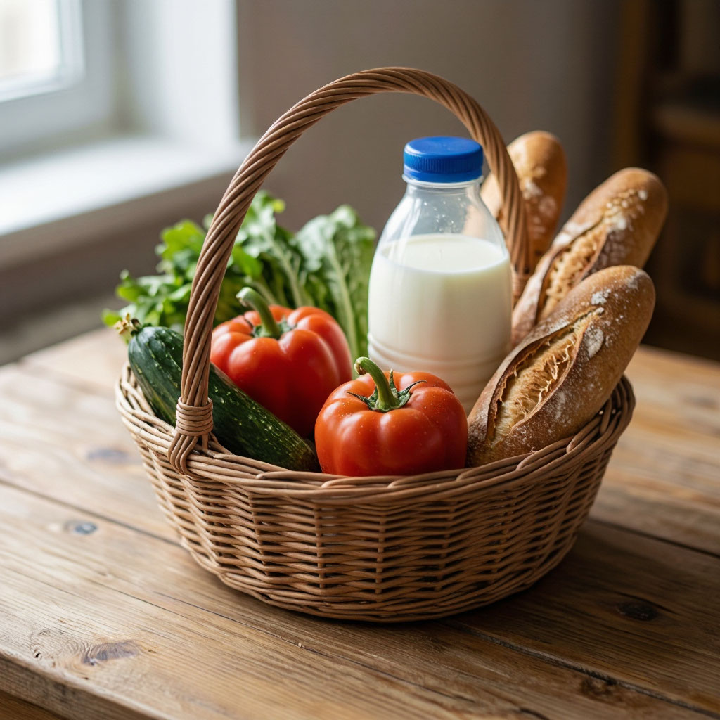 Корзина с продуктами: овощи, хлеб, молоко